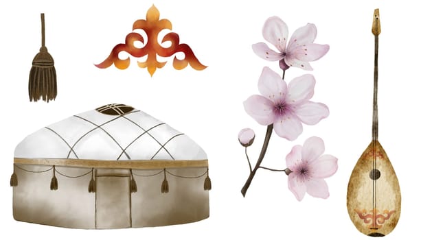 Nauryz watercolor set on isolated white background. Elements for the Kazakh national holiday of the spring equinox. Yurt and dombra, national pattern and pink cherry flowers. For the design of holiday cards and banners. High quality photo