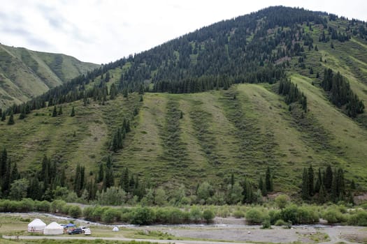 landscape of the area at the green foot of the Kazakh village near the mountains in summer.