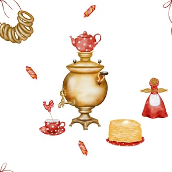 Watercolor seamless pattern on Russian folk theme. Samovar, kettle, pancakes and cup. Lollipop in the shape of a cockerel, bagels and candy. Straw effigy in national costume. For printing on fabrics and kitchen textiles in a traditional style. Russian folk pattern. Maslenitsa festival