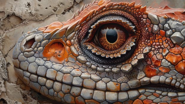 A close up of a lizard's eye painted on the side of an old building