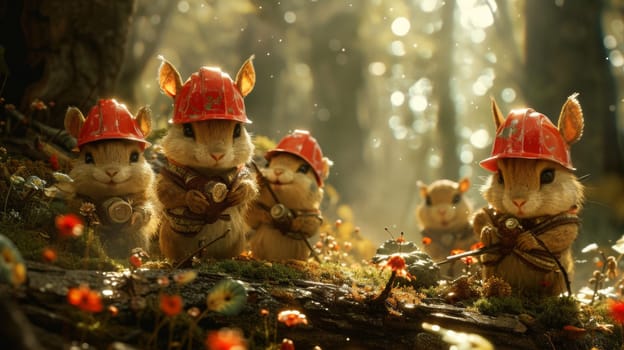 A group of small animals wearing red hats and holding fire extinguishers