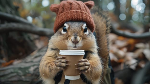 A squirrel wearing a hat and holding coffee cup in its mouth