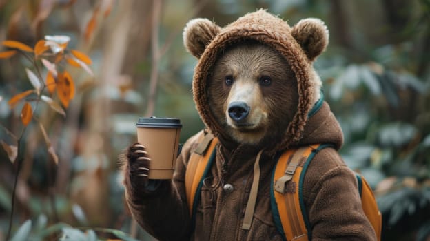 A bear in a brown jacket holding up coffee cup