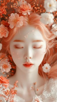 A close up of a woman with pink hair surrounded by flowers