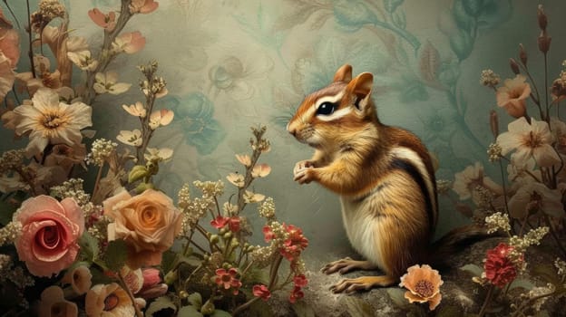 A chipmunk sitting on a rock surrounded by flowers