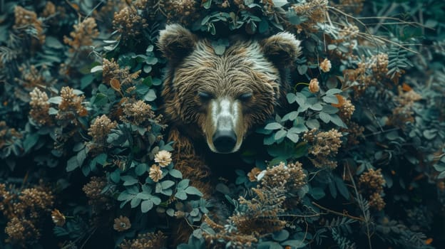 A bear is surrounded by a bunch of flowers and leaves