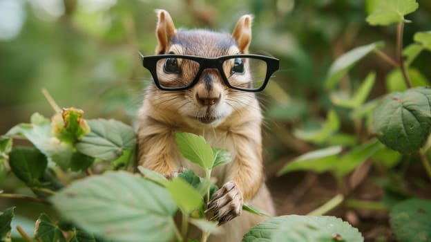 A squirrel wearing glasses and eating leaves in the woods