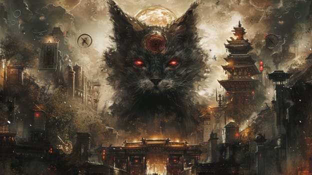 A painting of a cat with red eyes and an oriental city in the background