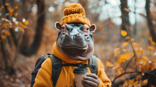 A hippo wearing a yellow hat and holding coffee in his hand