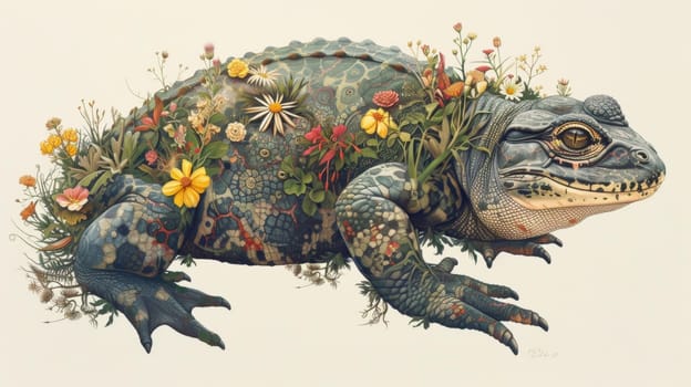 A painting of a large lizard with flowers and leaves on it