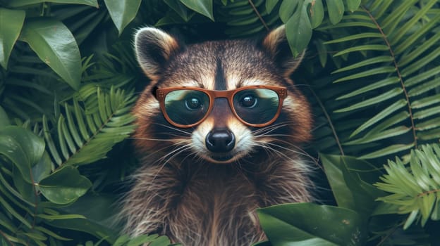 A raccoon wearing sunglasses and surrounded by green leaves