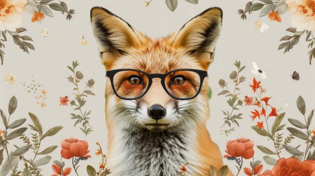 A fox wearing glasses and flowers on a background