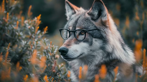 A wolf wearing glasses sitting in a field of flowers