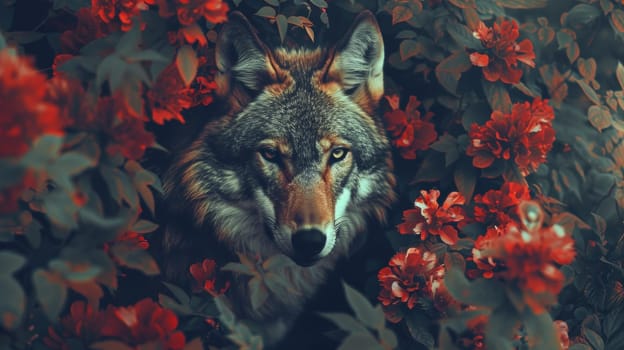 A wolf is hiding in a bush of red flowers