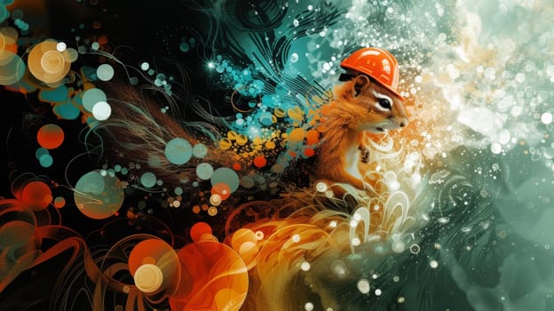 A painting of a squirrel wearing an orange hard hat with swirls and bubbles