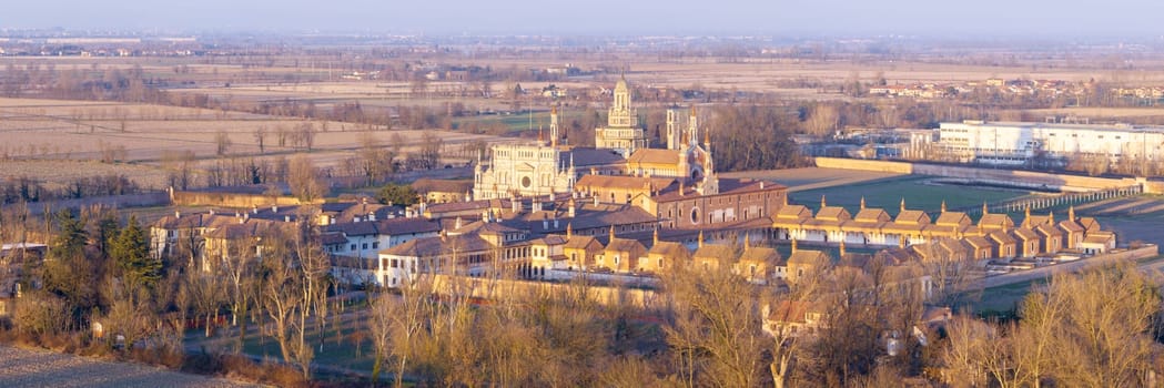 Dronel shot of Certosa di Pavia cathedral a historical monumental complex that includes a monastery and a sanctuary. Pavia ,Italy.