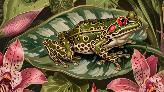 A frog sitting on a leaf with flowers and leaves around it