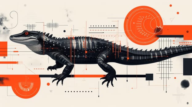 A drawing of a lizard with red eyes and orange lines