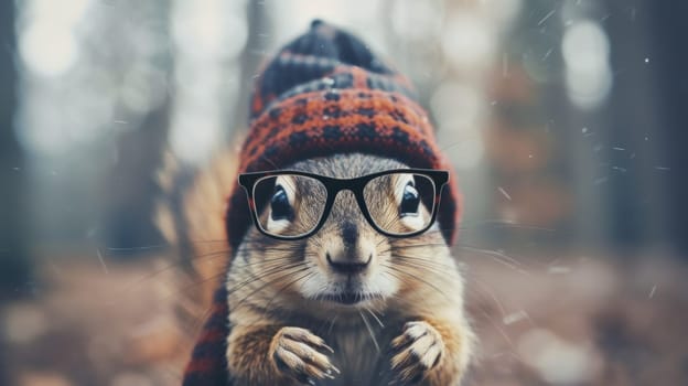 A squirrel wearing a hat and glasses with his eyes closed