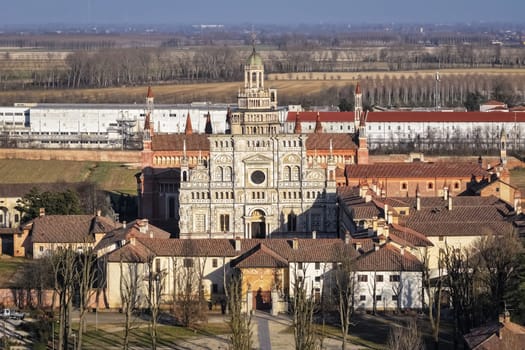 Drone shot of Certosa di Pavia cathedral a historical monumental complex that includes a monastery and a sanctuary. Pavia ,Italy.