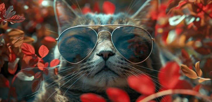 A cat wearing sunglasses and surrounded by leaves with a red background