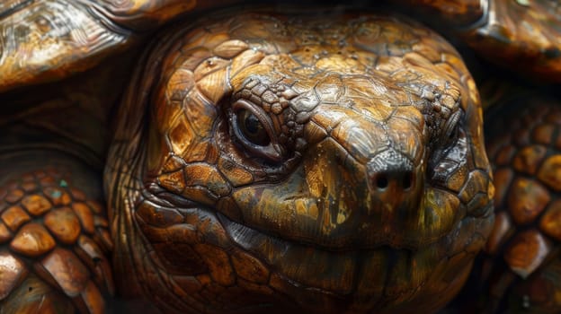 A close up of a turtle's face with brown and orange colors