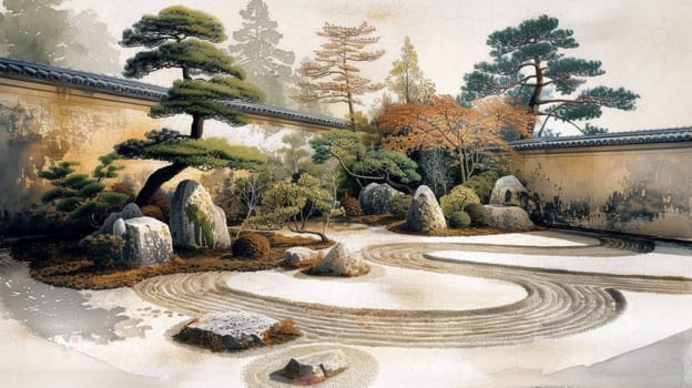 A painting of a garden with rocks and trees in it