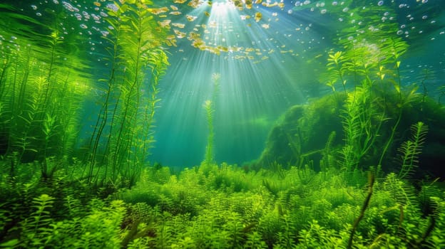 A beautiful underwater scene with sunlight shining through the water