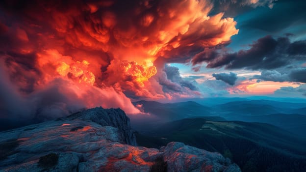 A view of a beautiful sunset over the mountains and clouds