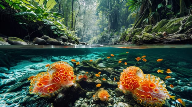 A group of orange fish swimming in a river with rocks and trees