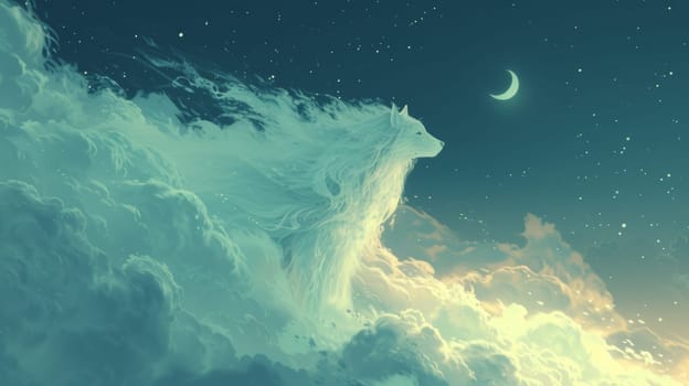 A white wolf in the clouds with a crescent moon above