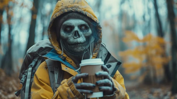 A person in a yellow jacket holding coffee and wearing skeleton makeup