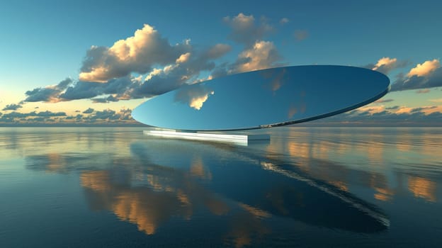 A large mirror is floating in the water with clouds behind it