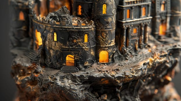 A miniature castle with lit windows on a rock formation