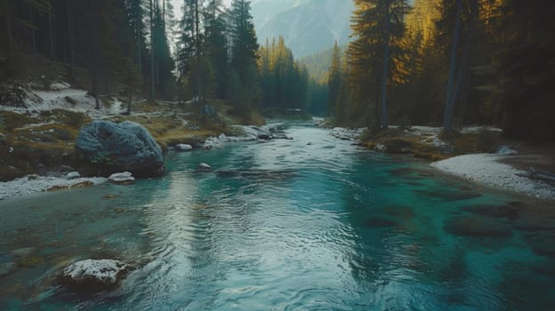 A river flowing through a forested area with rocks and trees