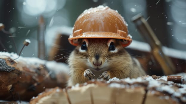 A squirrel wearing a hard hat with wood on the ground