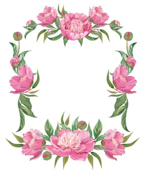 Framework with pink peonies and botanical elements isolated on white background