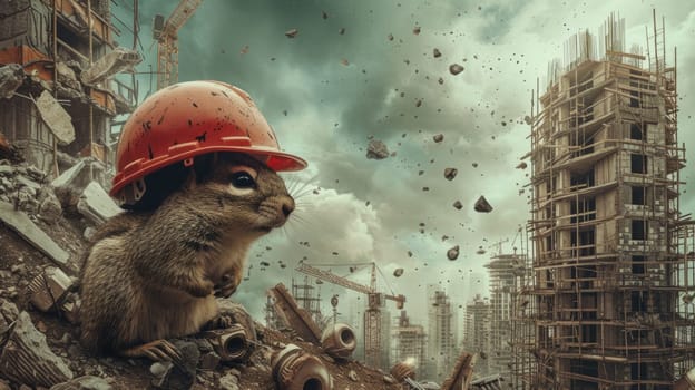 A squirrel wearing a red hard hat on top of rubble