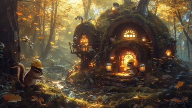 A scene of a squirrel is sitting in front of an enchanted house