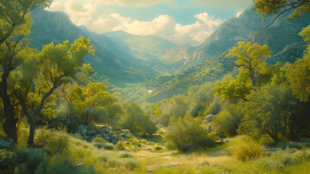 A painting of a beautiful mountain scene with trees and grass