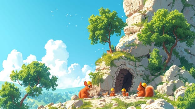 A group of cartoon animals are sitting on a hillside near an entrance to the cave