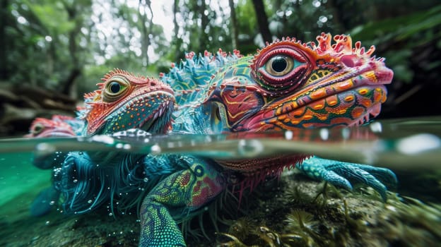 Two colorful lizards swimming in the water together