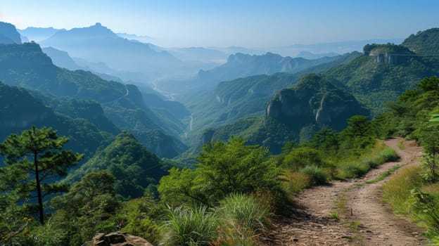 A dirt road winding through a valley with mountains in the background