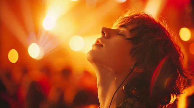 A woman with headphones on looking up at the sky