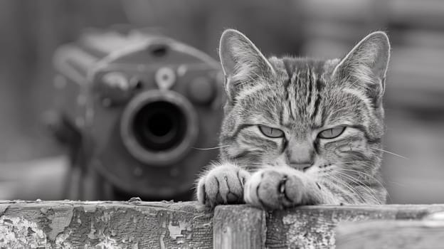 A cat looking at a gun with its paw on the fence