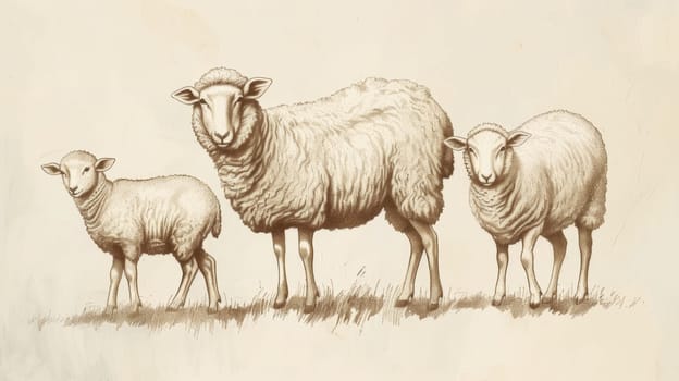 A drawing of a sheep and two lambs standing in the grass