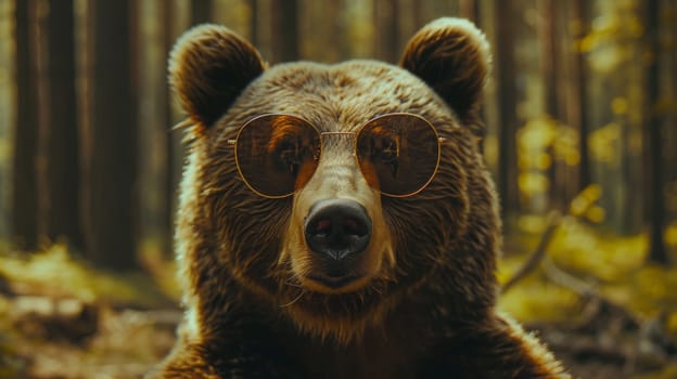 A bear wearing sunglasses in a forest setting