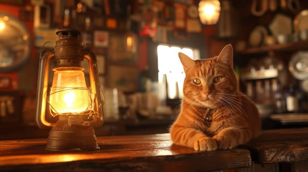 A cat sitting on a table next to an old lantern