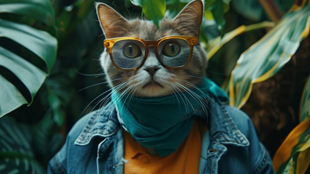 A cat wearing glasses and a scarf with sunglasses on