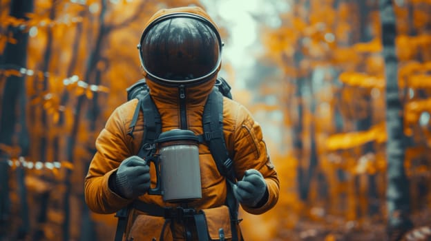 A person in an orange jacket holding a coffee cup and wearing space suit